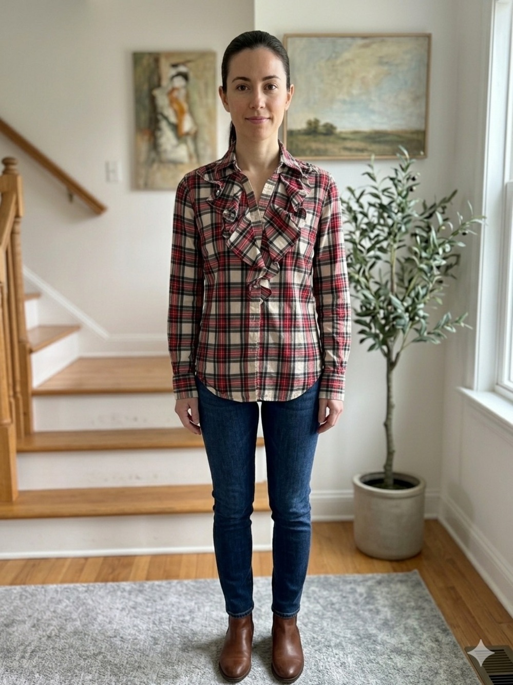 Lauren Ralph Lauren Ruffle-Front Plaid Button-Down Shirt | Women’s Small | 100%